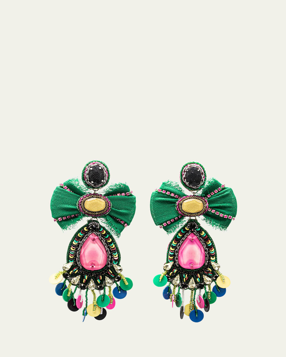 Multicolor Silk Bow and Crystal Earrings with Sequins